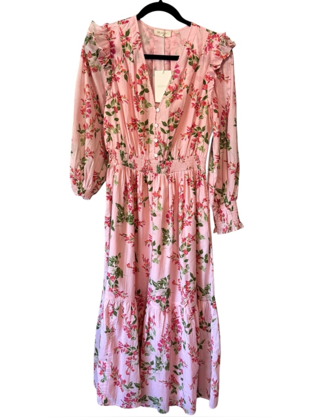 Banjanan Pearl Pink Floral Ruffled Long Sleeve Midi Dress in Wisteria Cabaret M - Picture 6 of 14